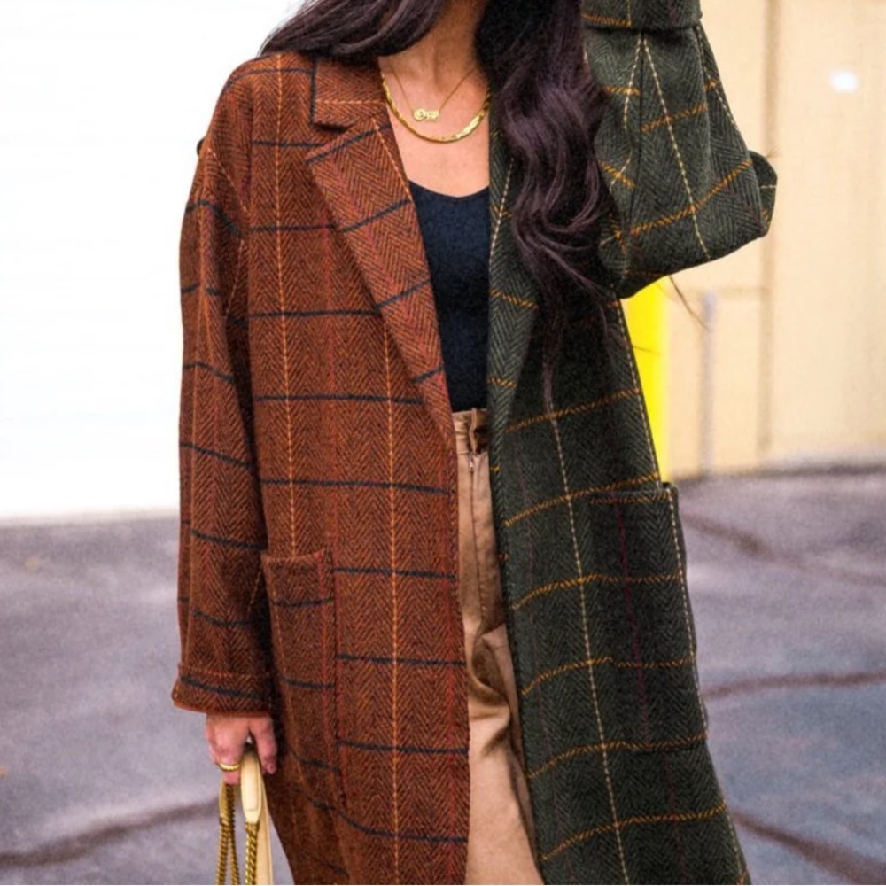 Dressed in LALA Green and Brown Plaid Pea Coat - Picture 2 of 2